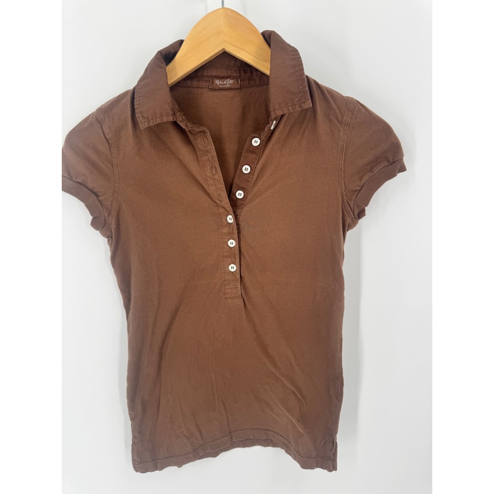 John Galt Polo Shirt Women One Size Brown Short Sleeve Button Down Cotton Top
